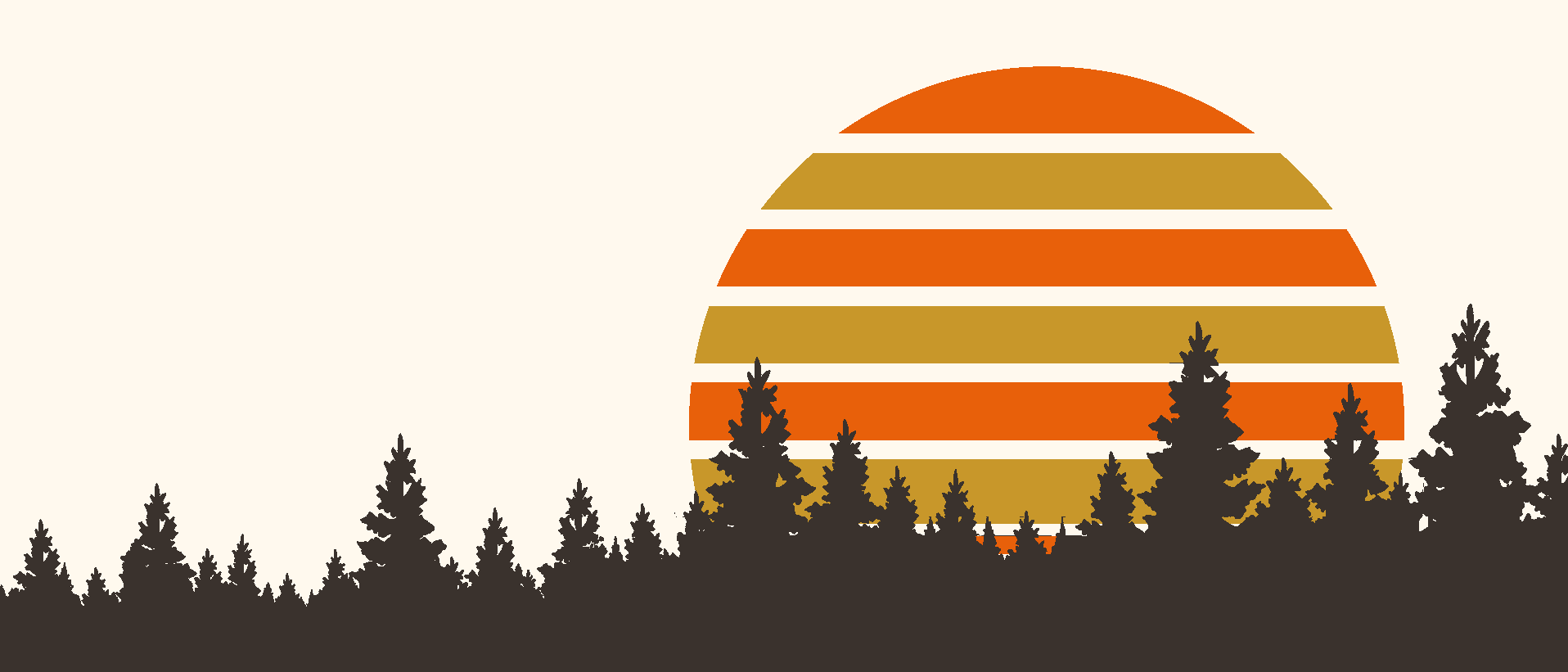 A striped sunrise rising over an evergreen treeline